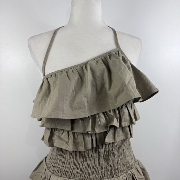 Tularosa Rory Linen Blend Mini Dress Medium Ruffled Smocked Backless Tie Neck - Picture 3 of 15